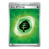 A single trading card featuring the text 'Basic Energy' at the top, with a green geometric design and a central green leaf icon inside a glowing circle. The card has a silver border and small printed text along the bottom.