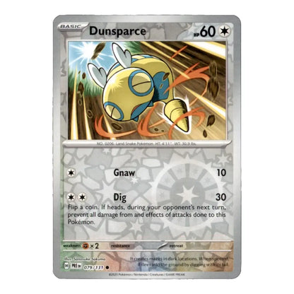A single Pokémon trading card for Dunsparce from the Basic set, shown against a plain white background. The card features a yellow and blue Dunsparce illustration in the attack box, with the name Dunsparce at the top and stats including 60 HP, Gnav 10, and Dig 30.