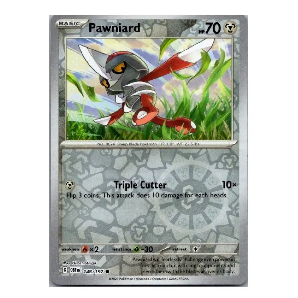 A single Pokémon trading card for Pawniard from the Basic set, shown against a plain white background. The card features artwork of the Pokémon in green grass and game text including 'Triple Cutter' and '10x'.