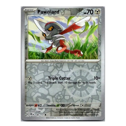 A single Pokémon trading card for Pawniard from the Basic set, shown against a plain white background. The card features artwork of the Pokémon in green grass and game text including 'Triple Cutter' and '10x'.