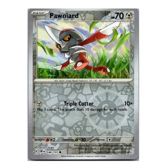 A single Pokémon trading card for Pawniard from the Basic set, shown against a plain white background. The card features artwork of the Pokémon in green grass and game text including 'Triple Cutter' and '10x'.