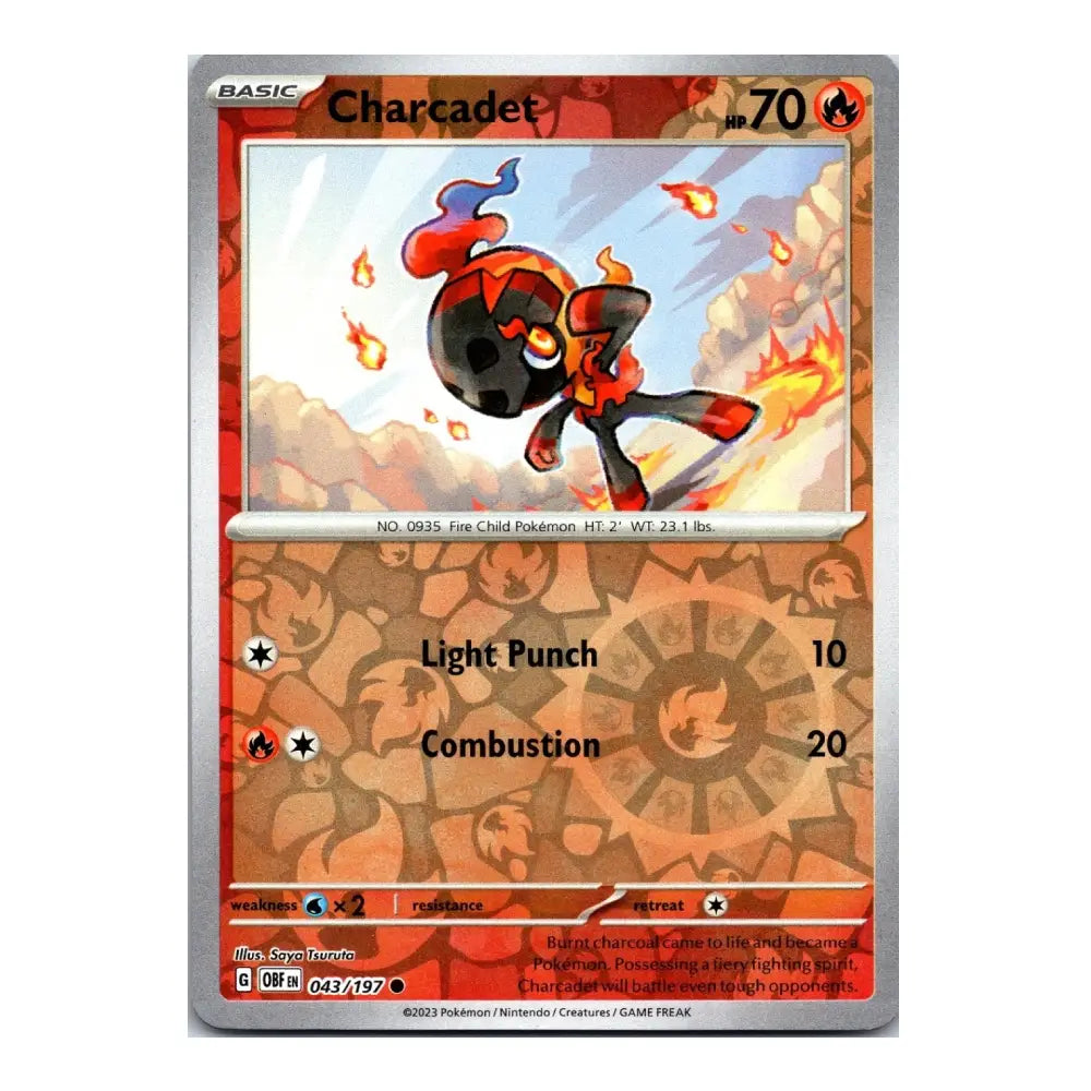 Charcadet Charizard Pokémon trading card from the Silver Tempest expansion, featuring a fiery red and orange design with Charcadet's illustration in the center.