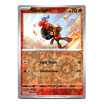 Charcadet Charizard Pokémon trading card from the Silver Tempest expansion, featuring a fiery red and orange design with Charcadet's illustration in the center.