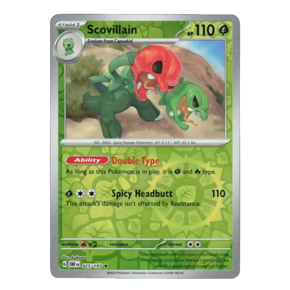 A single Pokémon trading card featuring Scovillain, a Stage 1 double-type Pokémon with a green body and red head, shown on a plain white background.