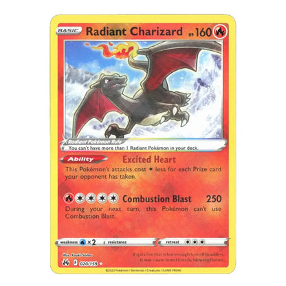 A single Pokémon trading card for Radiant Charizard, shown against a plain white background. The card has a yellow border, red-orange text areas, and artwork of the dragon flying through clouds.