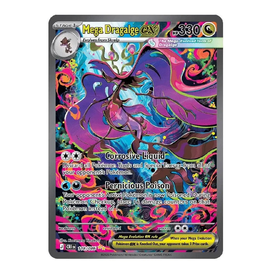 A single Pokémon trading card for Mega Dragalge EX, featuring colorful fantasy artwork with swirling purple, pink, blue, and black patterns, plus game text and stats printed on the card.