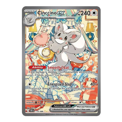 A single Pokémon trading card for Cinccino EX from the Eevee expansion, featuring a gray mouse character in a colorful illustrated scene with a tent and warm-toned background. The card has a dark gray border and visible Pokémon and Pokémon GX rule branding.
