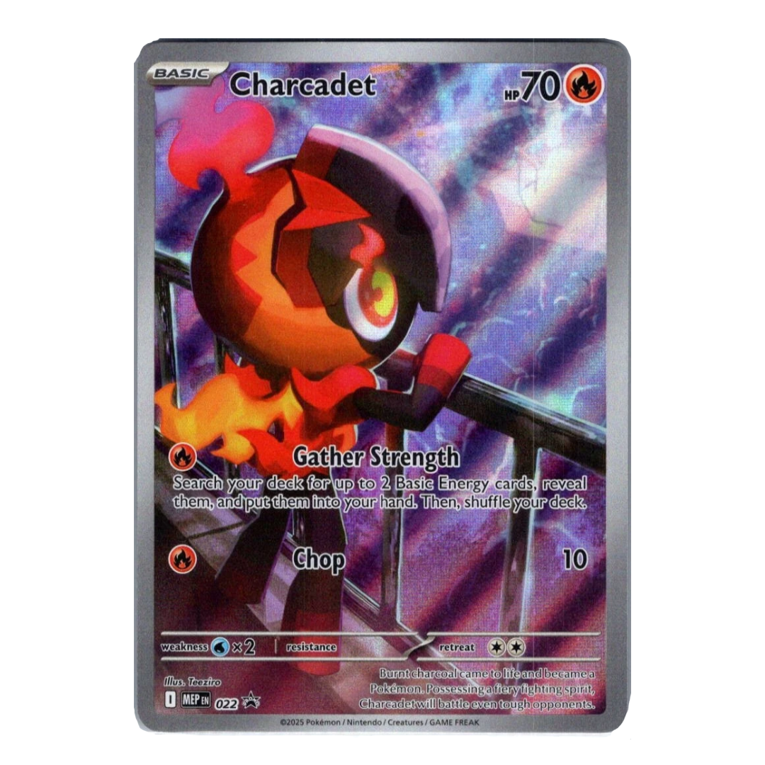 Charcadet Pokémon trading card featuring the Fire-type Pokémon with a fiery background, 70 HP, and Gather Strength and Chop attacks.