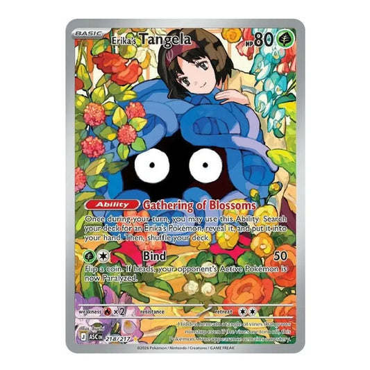 A single Pokémon trading card featuring Erika Tangela from the Flower Meows storyline, with a colorful floral illustration, anime character art, and a silver border on a plain white background.