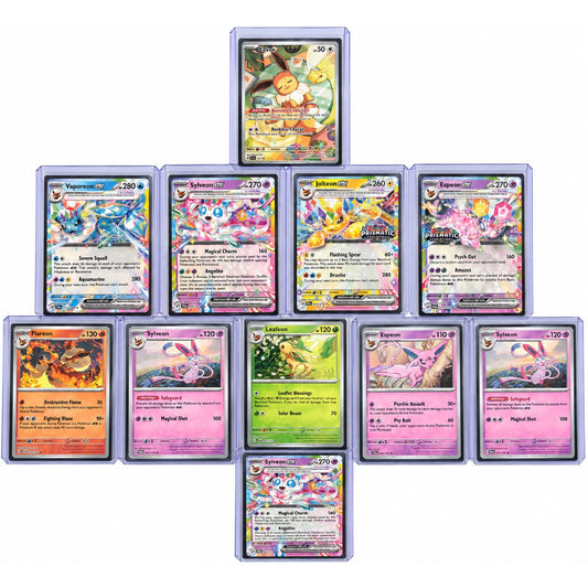 Pokémon Eeveelution trading card collection featuring Eevee, Vaporeon, Sylveon, Jolteon, Espeon, Flareon, and Leafeon cards displayed in protective cases.