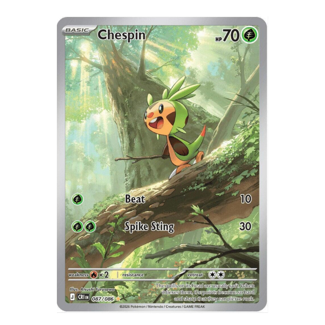 Chespin Pokémon trading card featuring the Grass-type Pokémon in a lush forest setting, with 70 HP and Beat and Spike Sting attacks.