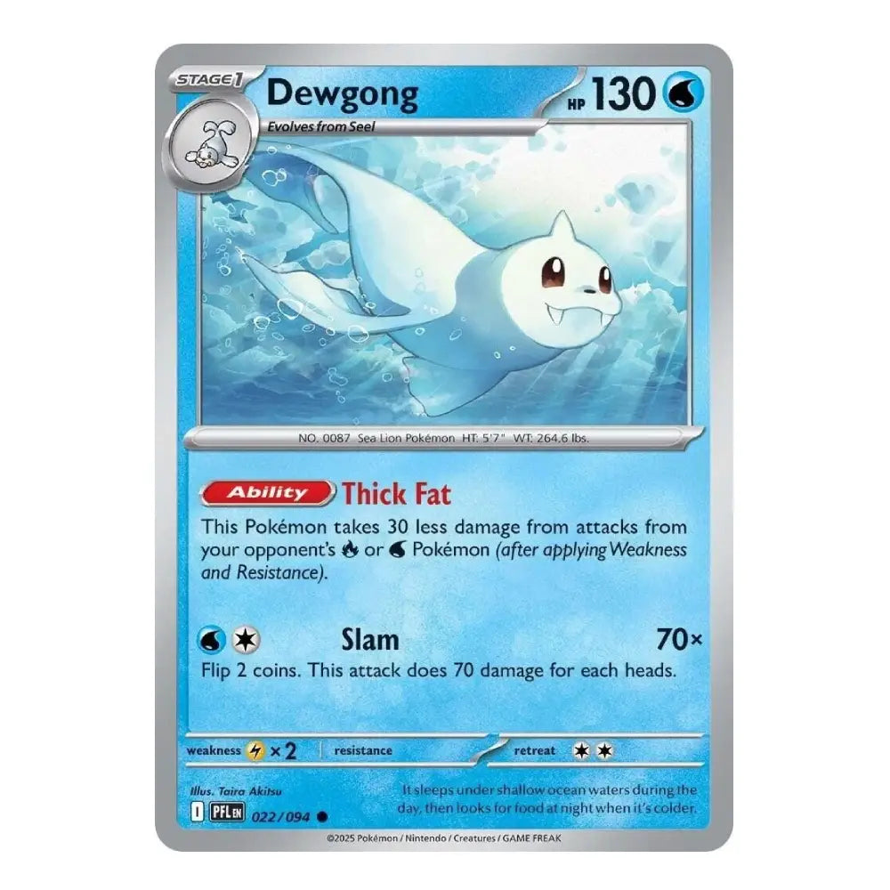 A single Pokémon trading card for Dewgong, shown flat against a plain white background. The card has a silver border, blue water-themed artwork, and printed text including the name Dewgong, stage information, HP 130, and abilities Thick Fat and Slam.