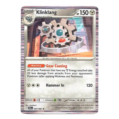 A single Pokémon trading card for Klinklang, shown against a plain white background. The card features a silver-gray border, a central illustration of the character with metallic gears and a blue eye, and text including 'Klinklang', 'Nr.