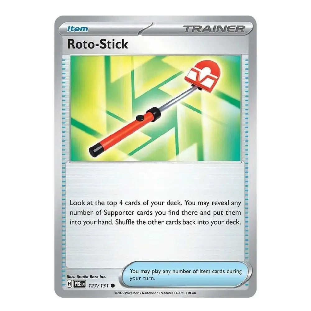 A Pokémon trading card for the Roto-Stick item, featuring a silver border, a green and yellow illustration of the red-and-black stick, and card text on a white background.
