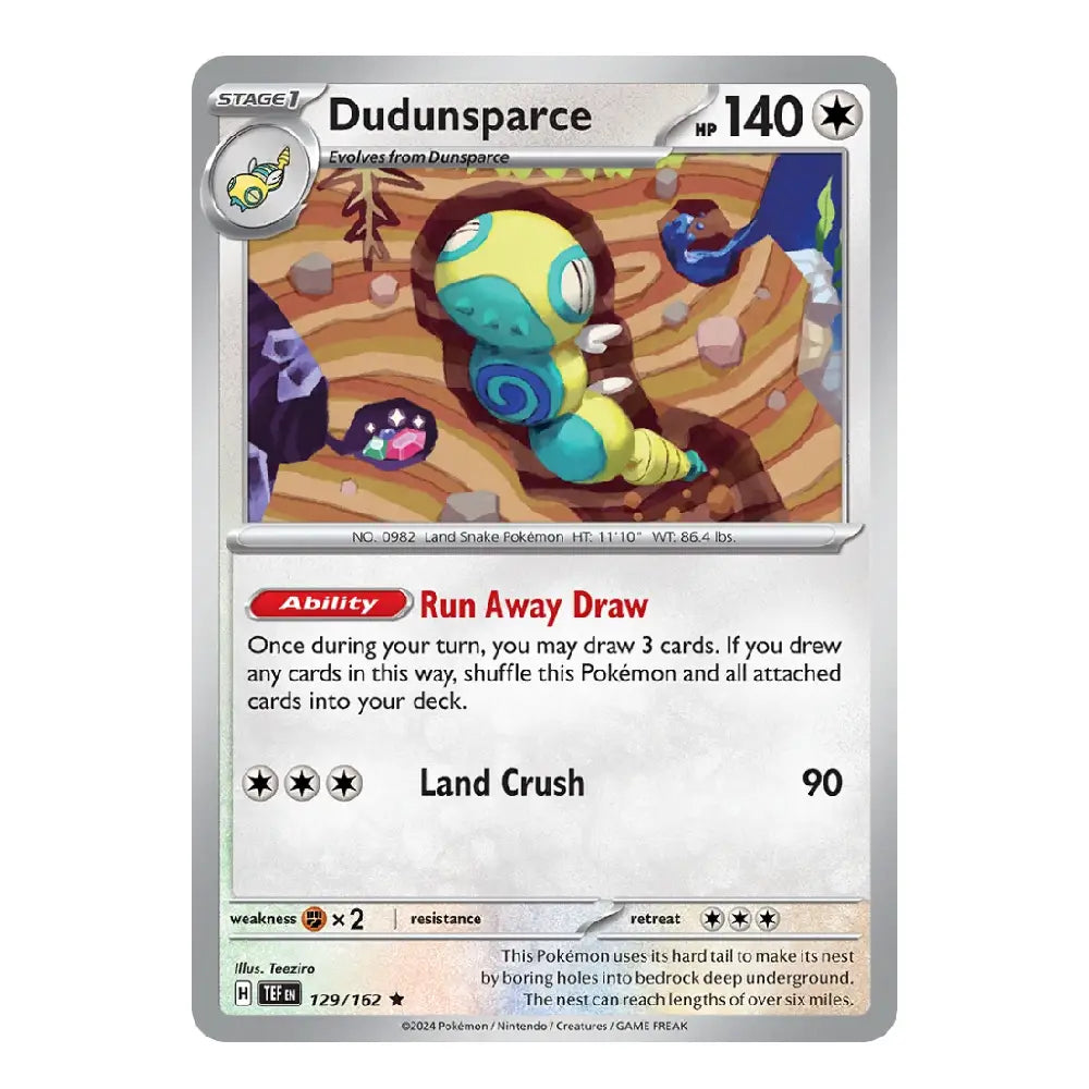 A single Pokémon trading card for Dudunsparce, shown against a plain white background. The card features a silver border, a colorful illustration of the character in a brown and blue environment, and text detailing its abilities and stats.