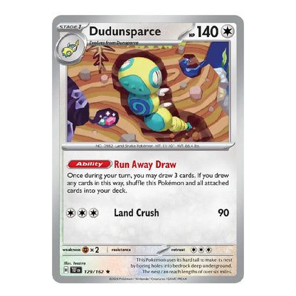 A single Pokémon trading card for Dudunsparce, shown against a plain white background. The card features a silver border, a colorful illustration of the character in a brown and blue environment, and text detailing its abilities and stats.
