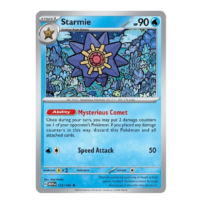 A Pokémon trading card for Starmie from the Eevee Evolutions expansion, featuring a blue and purple illustration of a starmie in a coral reef, with a silver border and game text details.