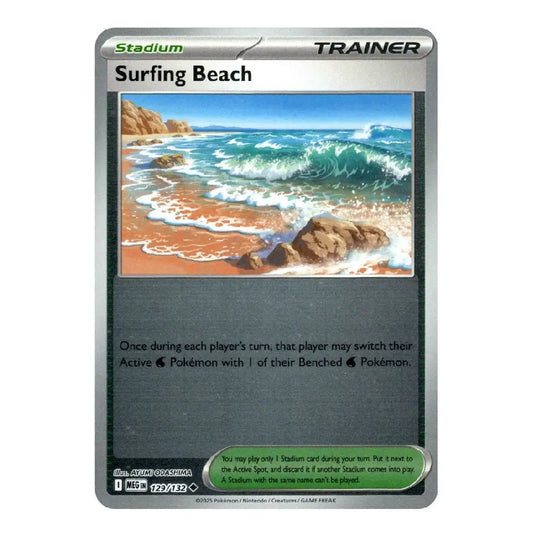A single Pokémon trading card shown against a plain light gray background. The card is labeled 'Stadium' and 'TRAINER' at the top, with the card name 'Surfing Beach' and an illustration of ocean waves on a sandy beach in the center.