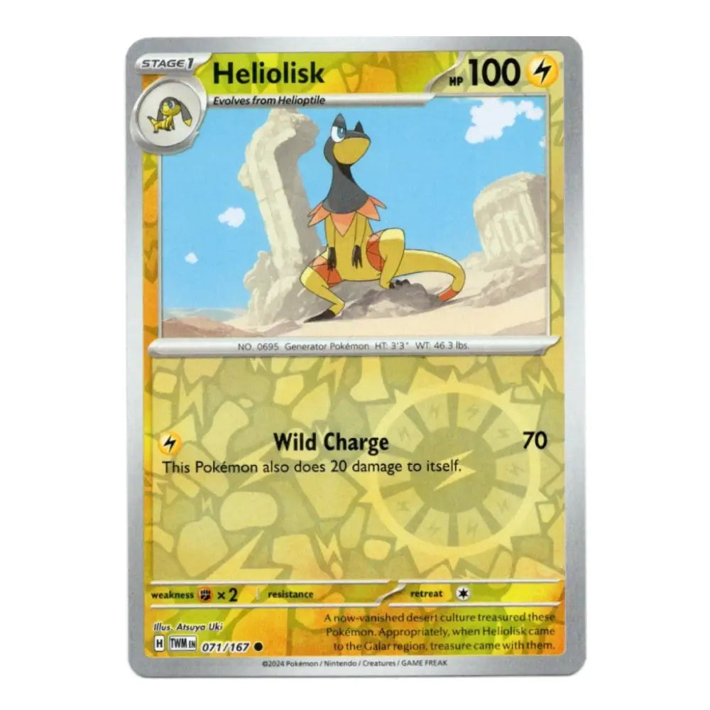 A holographic Pokémon trading card featuring Heliolisk, a Stage 1 Electric-type Pokémon. The card has a silver border, a yellow and gold patterned lower half, and an illustration of the yellow and black bird character in the upper half.