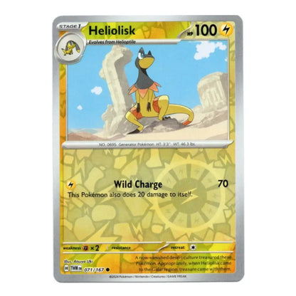 A holographic Pokémon trading card featuring Heliolisk, a Stage 1 Electric-type Pokémon. The card has a silver border, a yellow and gold patterned lower half, and an illustration of the yellow and black bird character in the upper half.