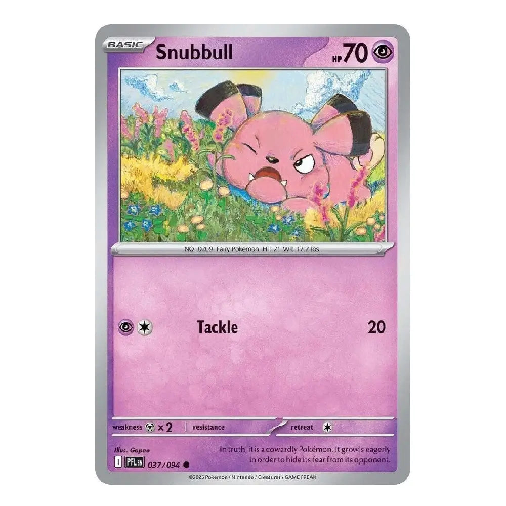 A single Pokémon trading card featuring the character Snubbull, with a purple card border, silver edge, and an illustration of the pink creature in a flower field. The card includes the name Snubbull, HP 70, and the Tackle move.