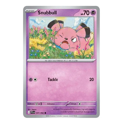 A single Pokémon trading card featuring the character Snubbull, with a purple card border, silver edge, and an illustration of the pink creature in a flower field. The card includes the name Snubbull, HP 70, and the Tackle move.