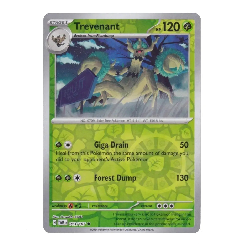 A single Pokémon trading card for Trevenant, shown against a plain white background. The card has a green and yellow-green design with artwork of three wolf-like creatures and game text including 'Trevenant', '120', 'Giga Drain', and 'Forest Dump'.