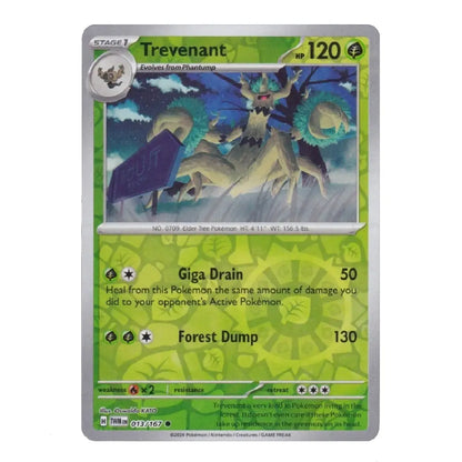 A single Pokémon trading card for Trevenant, shown against a plain white background. The card has a green and yellow-green design with artwork of three wolf-like creatures and game text including 'Trevenant', '120', 'Giga Drain', and 'Forest Dump'.