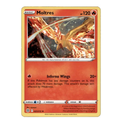 A single Pokémon trading card for Moltres, showing the card front with artwork of a glowing orange bird, red-orange background, and standard card layout on a plain light background.