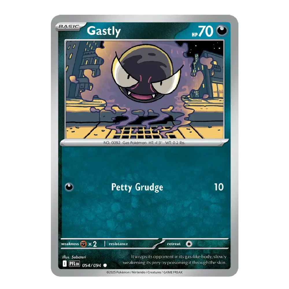 A single Pokémon trading card featuring Gastly from the Basic set, with a silver border, teal-blue background, and the Gastly illustration in the attack box.