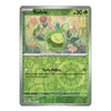 A single Pokémon trading card for Budew, shown against a plain white background. The card has a green and silver border with artwork of a green budew in a flower-filled meadow.