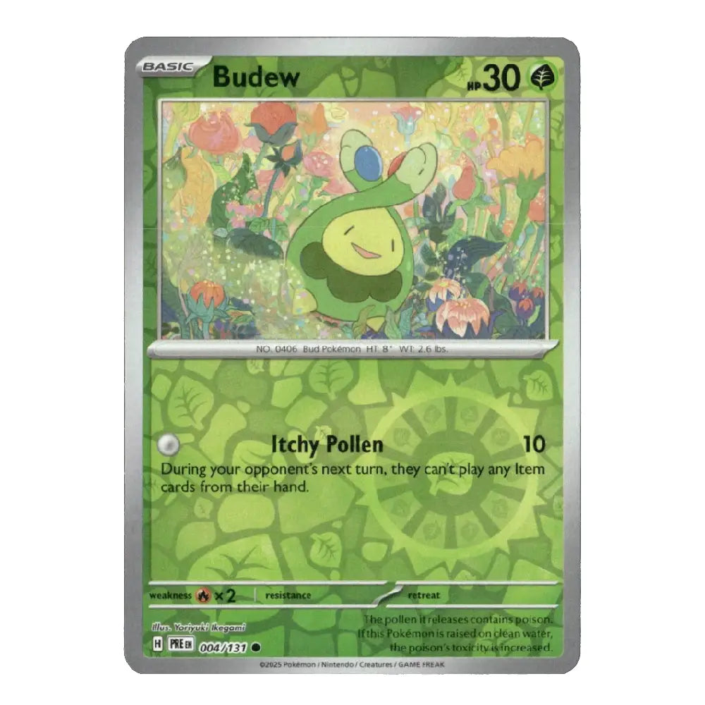 A single Pokémon trading card for Budew, shown against a plain white background. The card has a green and silver border with artwork of a green budew in a flower-filled meadow.