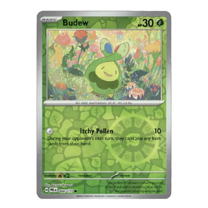 A single Pokémon trading card for Budew, shown against a plain white background. The card has a green and silver border with artwork of a green budew in a flower-filled meadow.