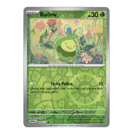 A single Pokémon trading card for Budew, shown against a plain white background. The card has a green and silver border with artwork of a green budew in a flower-filled meadow.