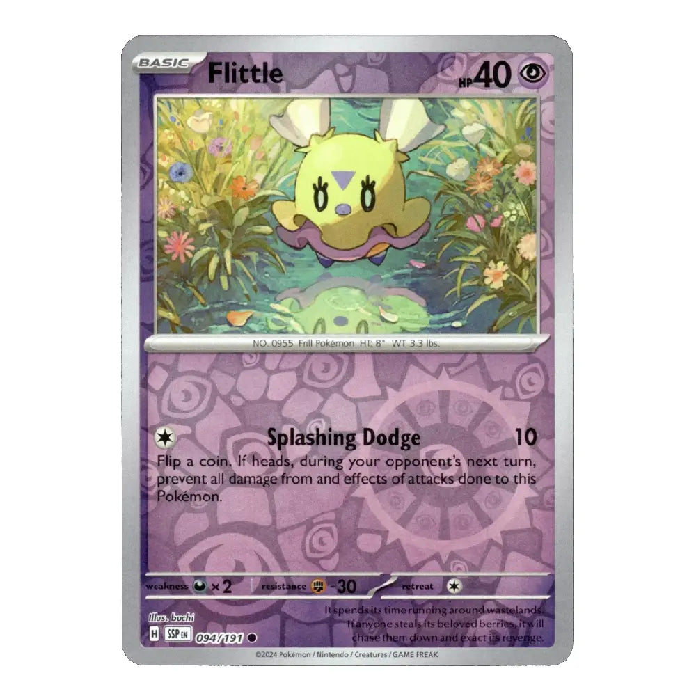 A single Pokémon trading card for Flittle from the Basic set, featuring a purple card frame, illustrated artwork of a yellow creature in a flower pond, and game text details.
