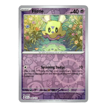 A single Pokémon trading card for Flittle from the Basic set, featuring a purple card frame, illustrated artwork of a yellow creature in a flower pond, and game text details.