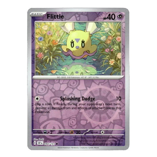 A single Pokémon trading card for Flittle from the Basic set, featuring a purple card frame, illustrated artwork of a yellow creature in a flower pond, and game text details.