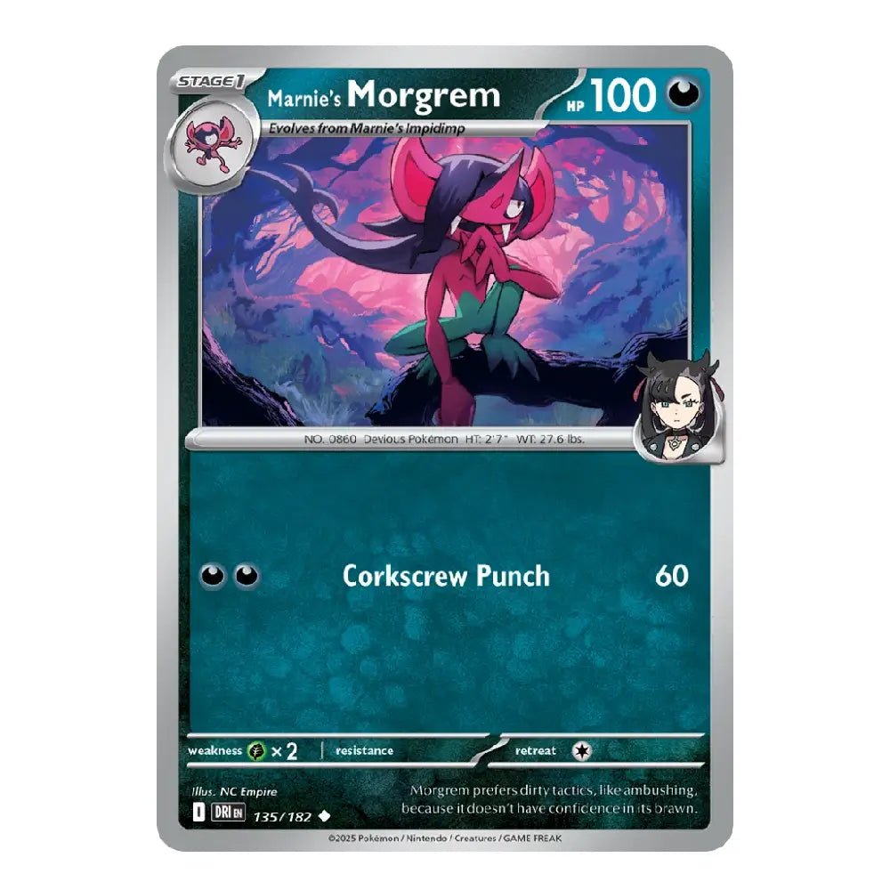 A single Pokémon trading card for Marnie's Morgrem, shown against a plain white background. The card features artwork of the character in a pink and purple environment, with a teal lower section containing the text 'Corkscrew Punch 60'.