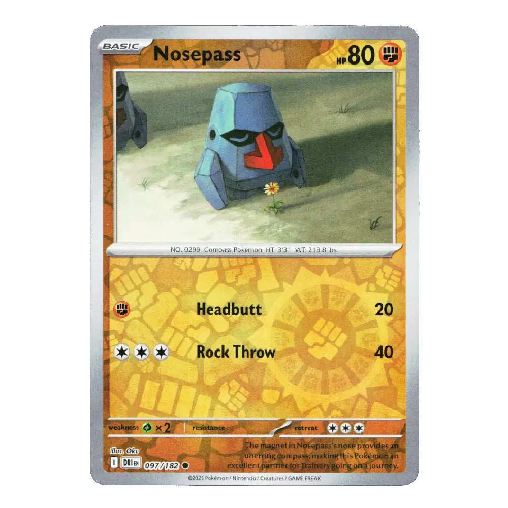 A single Pokémon trading card for Nosepass from the Basic set, shown against a plain white background. The card features a silver border, an orange and yellow game-style background, and an illustration of the blue-gray Nosepass character with a red snout.