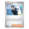 A Pokémon trading card titled "Larry's Skill" shown against a plain white background. The card is a Trainer Supporter card with illustrated artwork of a man in a black suit and a gun, plus card text and an orange play-only text box.