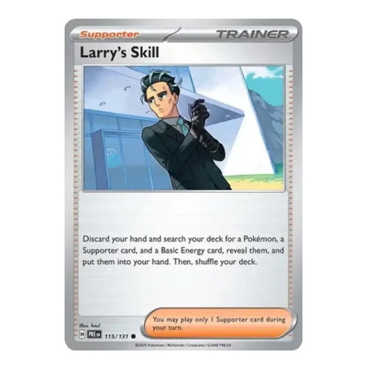 A Pokémon trading card titled "Larry's Skill" shown against a plain white background. The card is a Trainer Supporter card with illustrated artwork of a man in a black suit and a gun, plus card text and an orange play-only text box.