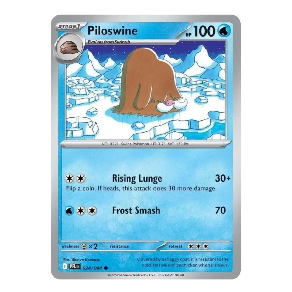 A single Pokémon trading card for the character Piloswine, shown against a plain white background. The card has a silver border, a light blue lower half, and artwork of a brown animal standing in icy blue scenery.