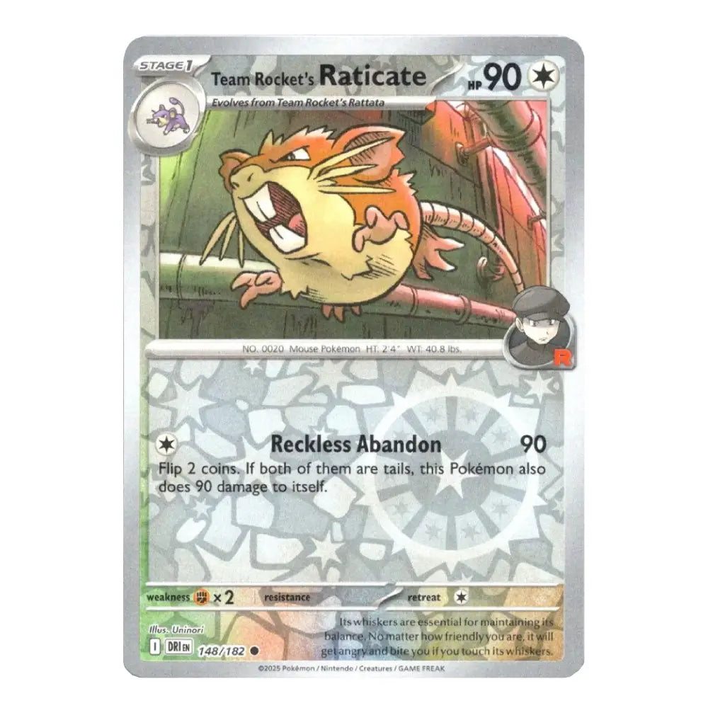 A single Pokémon trading card for Team Rocket's Raticate, shown against a plain white background. The card features artwork of the orange and cream mouse-like Pokémon, with game text and a silver holographic border.