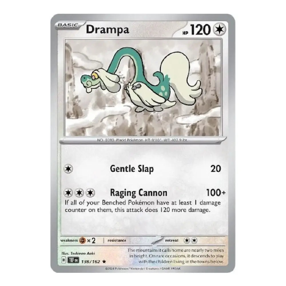 A Drampa Pokémon trading card from the Basic set, featuring a silver border, white background, and artwork of the character in a snowy landscape.