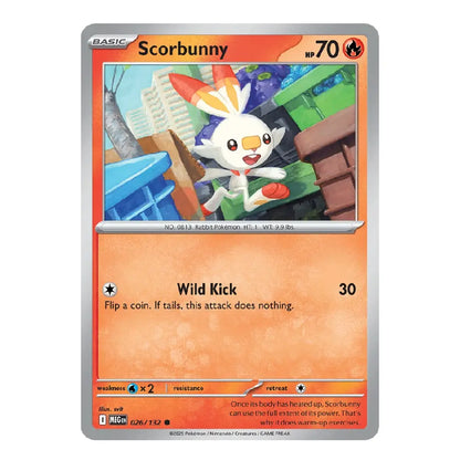 A single Pokémon trading card featuring Scorbunny from the Basic set, with a silver border, orange text panels, and artwork of the character in the center.