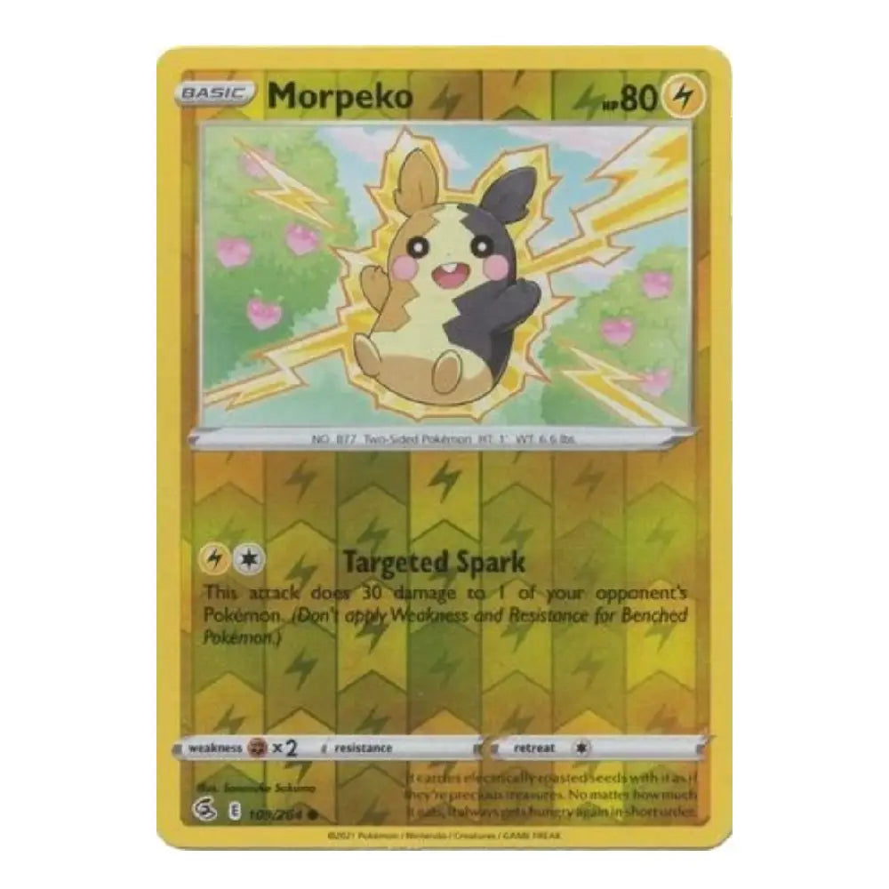 A single Pokémon trading card for Morpeko from the Basic set, shown against a plain white background. The card has a yellow border and features artwork of Morpeko surrounded by lightning effects.
