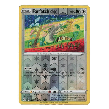A holographic Pokémon trading card featuring Farfetch'd from the Basic set, with a yellow border and a colorful, stylized illustration of the bird on the front.