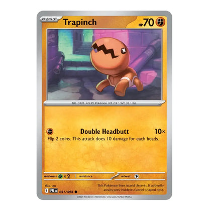 A single Pokémon trading card for Trapinch from the Basic set, shown against a plain white background. The card features a yellow-orange lower text area, a silver border, and artwork of the character Trapinch in a purple-toned room.