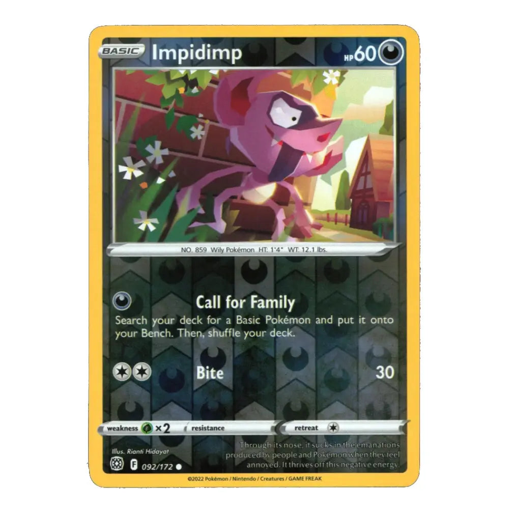 A single Pokémon trading card for Impidimp from the Basic set, shown against a plain white background. The card features a yellow border, the character artwork in the upper half, and attack information and cost symbols in the lower half.