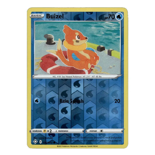 A single Pokémon trading card featuring Buizel from the Water 2-0-0 set, with a blue patterned background and a yellow border, shown on a plain white background.